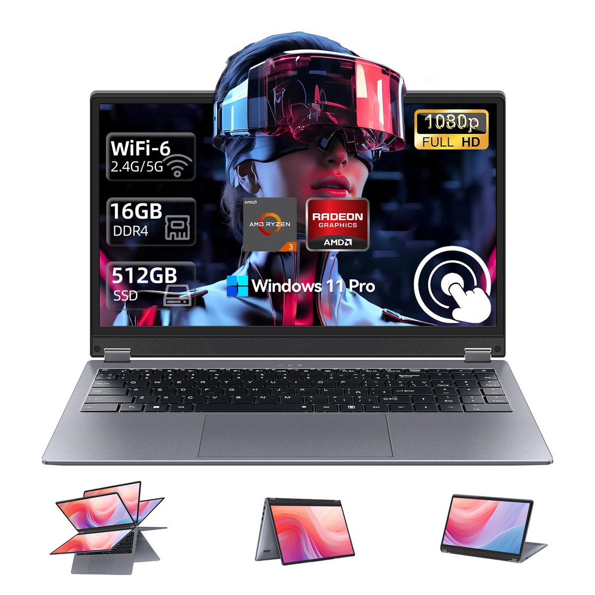 159344996_1 VANWIN Convertible 2 en 1 - VANWIN UCC-UL156-B, 15,6 " Full-HD, AMD Ryzen 3 3200u(Frecuencia máxima 3,5 GHz), 16 GB RAM, 512 GB, Radeon™ RX Vega 3, Wi - Imagen 1