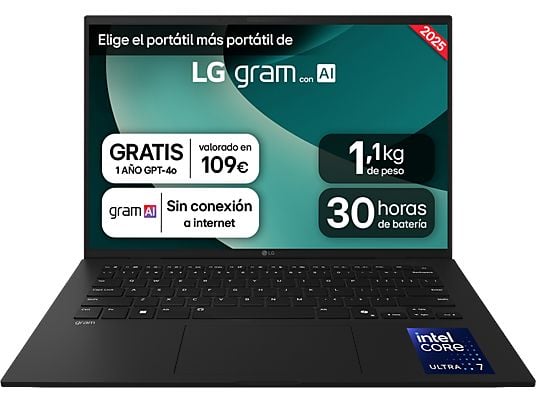 1596562_1 LG Portátil - LG 14Z90T-G.AD8BB, 14" WUXGA, Intel® Core™ Ultra 7-255H, 32 GB RAM, 2 TB SSD, Arc™ GPU, W11H, Negro - Imagen 1